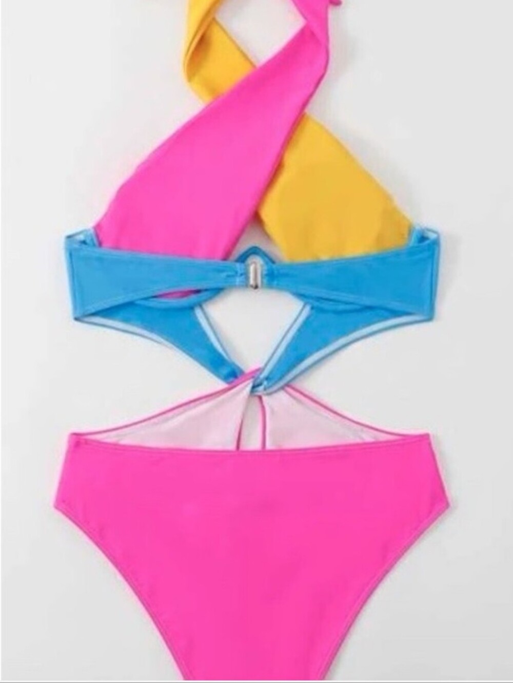 Colorblock Halter One-Piece Swimsuit in Pink, Yellow & Blue - Picture 5 of 5